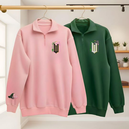 Wicked For Good Elphaba and Glinda  Musical Movie Fan Xmas Gift Embroidered Cotton Quater Zip Sweatshirt