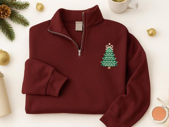 Discover Embroidered Coquette Christmas Quarter Zip, Preppy Bow Sweatshirt, Cute Holiday Shirt for Women, Christmas Tree Embroidery, Preppy Christmas