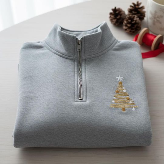 Elegant Gold and White Christmas Tree Embroidered Quarter-Zip, Luxe Holiday Pullover, Simple Xmas Sweater, Winter Apparel Gift
