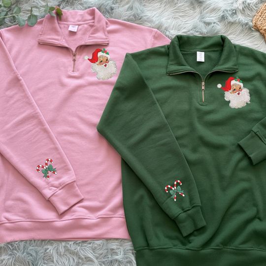 Retro Santa Embroidered Quarter Zip, Vintage Santa Claus Quarter Zipper Sweater, Xmas Gift For Besties, Candy Cane On The Sleeve