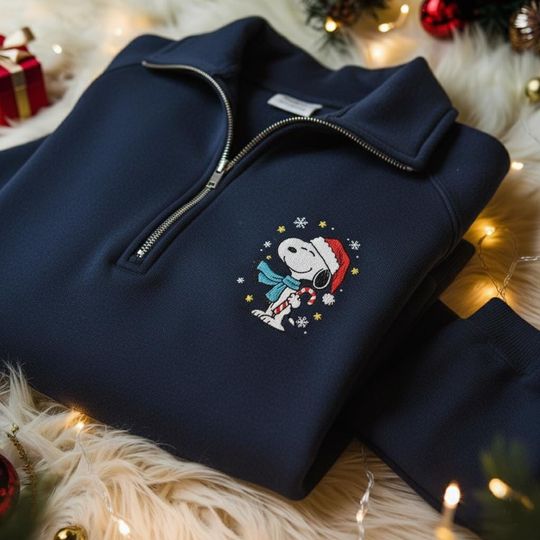 Embroidered Christmas Cartoon Dog Quarter Zip Sweatshirt, Holiday Sweatshirt, Cute Christmas Shirt for Women, Christmas Embroidery Sweater