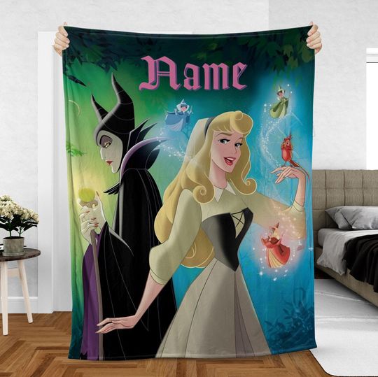 Discover Custom Aurora Fleece Blanket with Disney Sleeping Beauty, Maleficent, and Fairy Godmother Design, Magic Cast Birthday Gift