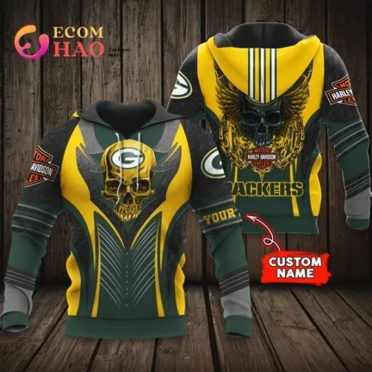 Discover Green Bay Haarleyy Davidson Packers Personalized All Over Print 3D Hoodie