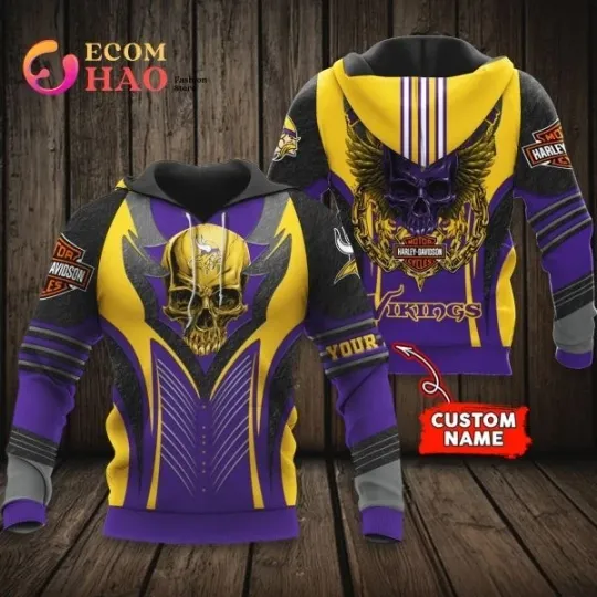 Discover Minnesota Haarleyy Davidson Vikings Personalized All Over Print 3D Hoodie