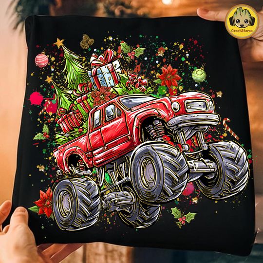 Discover Boys Christmas Sweatshirt Design with Monster Truck and Car Graphics