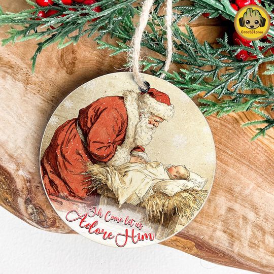Discover Christmas Jesus And Santa Ornament Png, Retro Oh Come Let Us Adore Him Png, Round Christian Christmas Png, Nativity Xmas Ornament Png