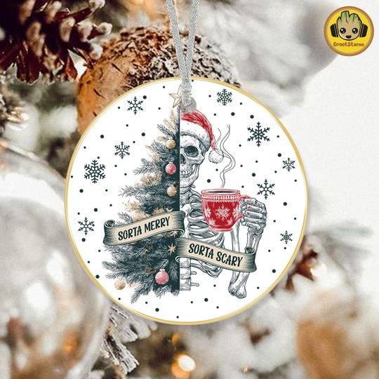 Discover Retro Christmas Tree Skeleton Ornament PNG, Sorta Scary Sorta Merry PNG, Funny Preppy Holiday Design, Vintage Christmas Character PNG