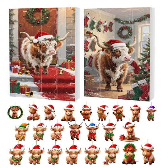 Discover Highland Cow Advent Calendars 2025, 24 Day Highland Cow Ornaments Cattle Pendant