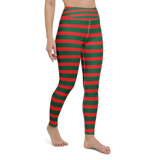 Discover Red and Green Striped Christmas Leggings  Festive Elf Yoga Pants