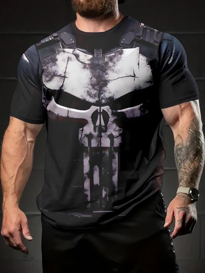 Marvel Men's Casual Crew Neck T-Shirt Marvel Series Anime Graphic Print Top Superhero Punisher T Shirt