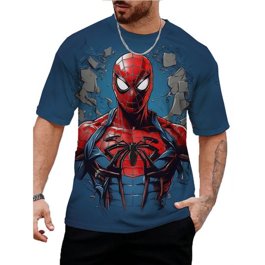 Men's Street Hip-hop Fashion Sporty and Casual Summer Breathable Lightweight and Loose 3D Printed Marvel Spider-Man T-shirt