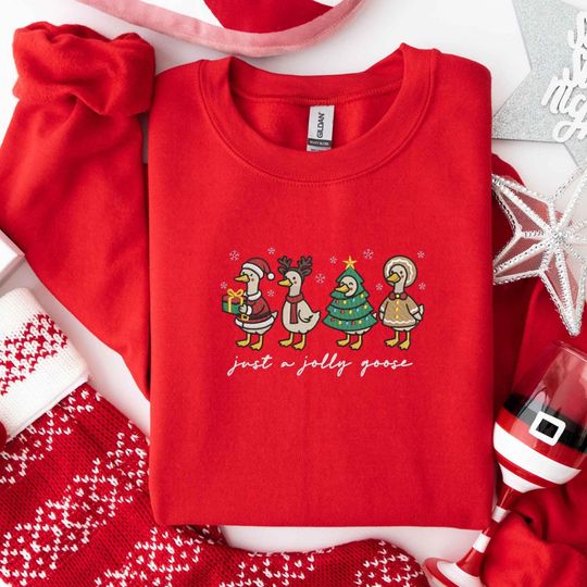 Discover Festive Jolly Goose Embroidery Sweatshirt | Cute Holiday Goose Gift | Christmas Crewneck for Goose Lovers | Funny Goose Christmas Sweater