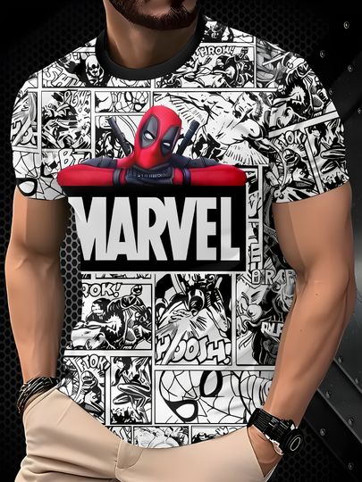 MARVEL 3D Graphic Men's T-Shirt Summer 2026 Casual Streetwear Tee with Geometric Letter Design Deadpool T Shirt
