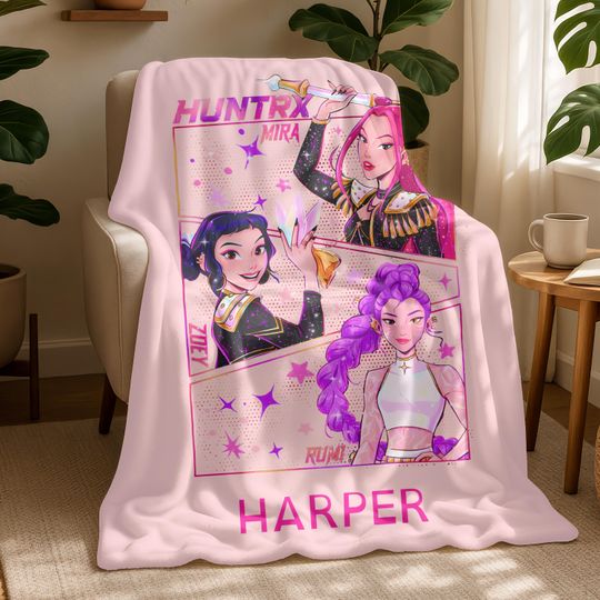 Discover Personalized Christmas Fleece Blanket for Girls, Kpop Demon Hunter, Kids Name Flannel Blanket, Mira Zoey Rumi