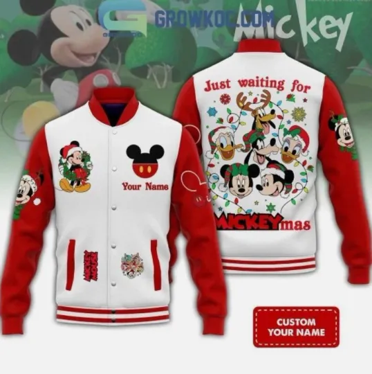 Discover Mickey And Friends Just Waiting For Mickeymas Xmas Personalized Baseball Jacket