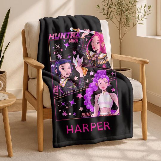 Personalized Christmas Girls Fleece Blanket with Name, Kpop Demon Hunter Design, Winter Holiday for Kids