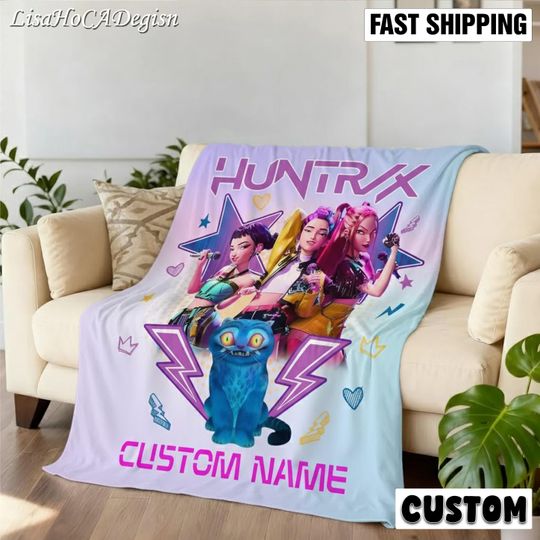 Custom Kpop Demon Hunters Fleece Blanket with Name, Personalized Anime Throw Blanket, Fantasy K-pop Bedding