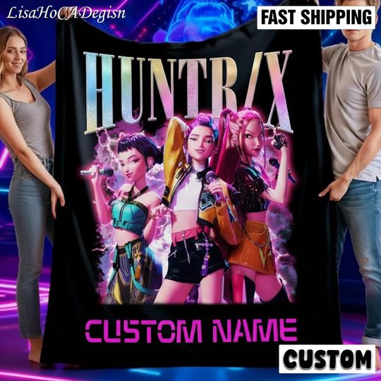 Discover Custom Huntrix Blanket with Name, Personalized Kpop Demon Hunter Blanket, Custom Huntrix Blanket, Kpop Fun Gift, Demon Hunters Anime Blanket