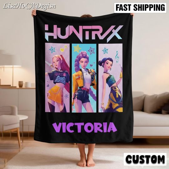 Discover Personalized Cozy Kpop Demon Hunters Blanket with Name, Custom Huntrix Blanket, Anime Inspired Blanket, Christmas Family Gift, Kpop Fun Gift