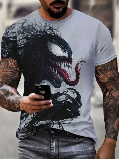 MARVEL Venom Graphic Print Short Sleeve Casual Tee with Bold Skull Geometric Design Tops Superhero T Shirt