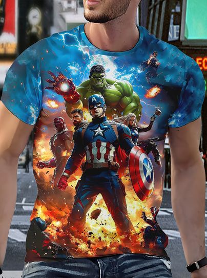 MARVEL Men's 3D Graphic Superhero T-Shirt Vibrant Geometric Print Casual Streetwear Tee Captain America Comic Fans T shirt