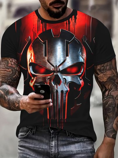 Marvel Punisher Men's T-Shirt Graphic Tee Funny Slogan Letter Round Neck 3D Print Superhero T Shirt