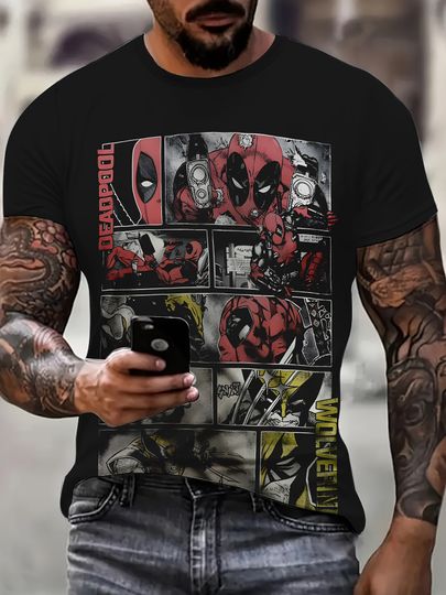 Discover Marvel Deadpool Wolverine Graphic T-Shirt Funny Superhero Design Black with Red Yellow Print Superhero T shirt