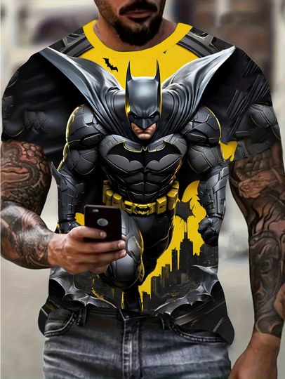 Discover Marvel Men's Summer Batman Yellow and Black Color Block 3D Print T-Shirt Superhero Anime T shirt