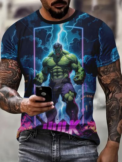 Discover Marvel Inspired Hulk Graphic T-Shirt Vibrant Purple Blue Design with Bold HULK Lettering 3D Print Outdoor Casual Short Sleeve