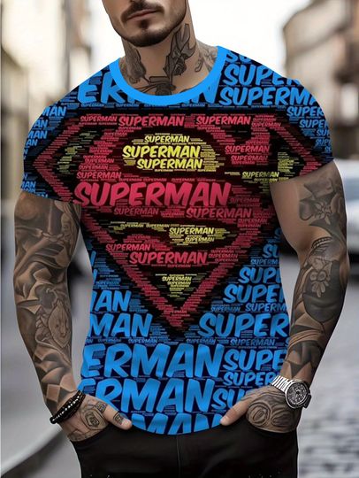 Men Streetwear Graphic T-Shirt Superman Print Short Sleeve Casual Summer Tee Marvel Superheroes T shirt