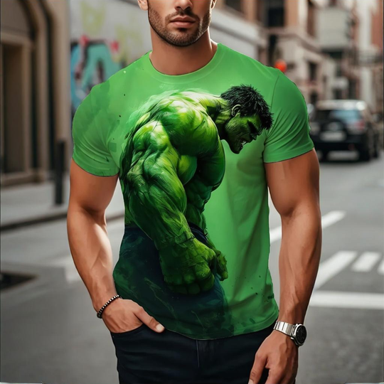 Men's Marvel Hulk T-shirt Super Hero Muscle Pattern Summer Short Sleeve Loose Round Neck Breathable Street Outing