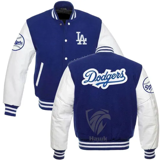 Blue Wool White Leather Sleeves Baseball Jacket