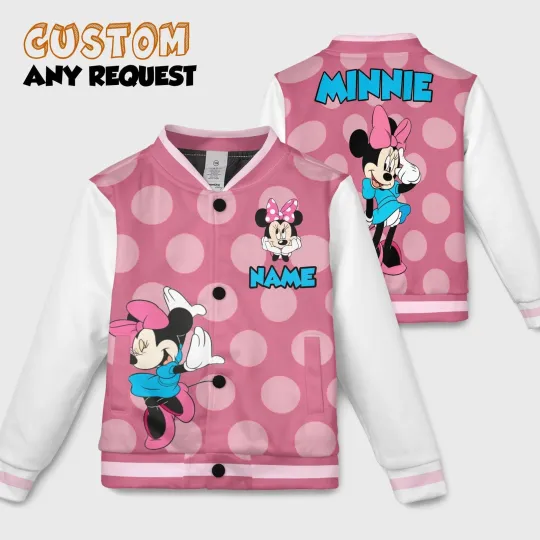 Discover Personalized Cute Pink Bow Minnie Mouse Mickey & Friends Cartoon Baseball Jacket