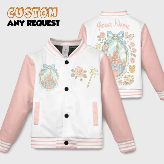 Discover Personalized Retro Magic Kingdom Coquette Mirror Bow Floral Baseball Jacket