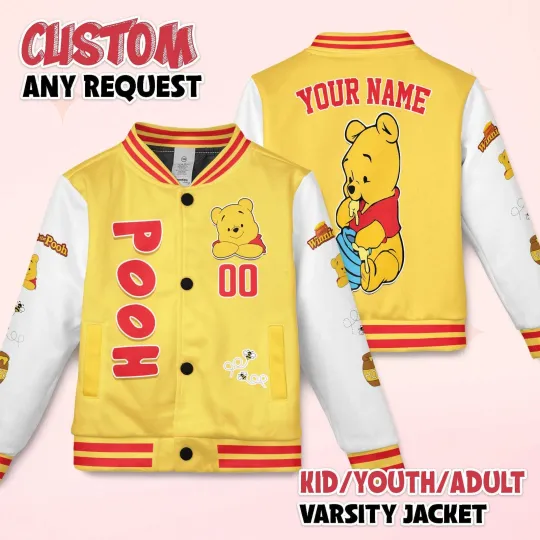 Personalized Pooh Bear Eating Honey Winnie The Pooh Honey Bear Baseball Jacket