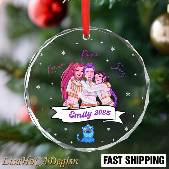 Huntrix Demon Hunters Personalized Glass Ornament, KPOP Christmas Keepsake, Mira Rumi Zoey Ornament