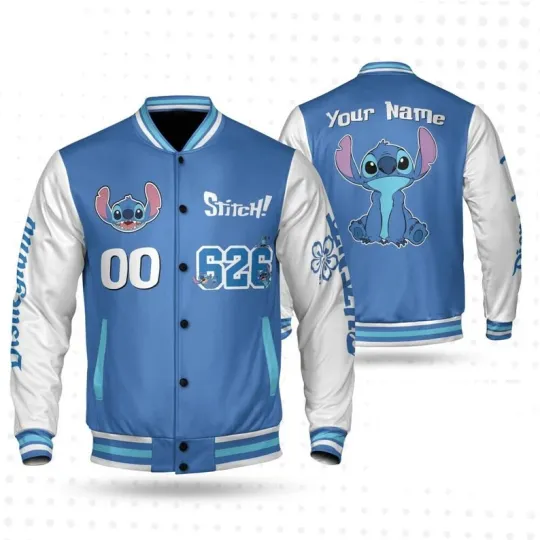 Discover Personalized Stitch 626 Blue Alien Dog Lovers Gift Lilo & Stitch Baseball Jacket