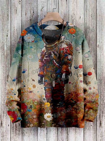 Discover Retro Astronaut & Retro Art Back View Pattern 3D Printed Men's Knitted Pullover Winter Unisex Casual Knit Pullover Sweater ZZM80