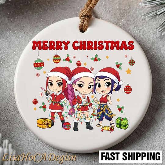 Discover Huntrix Merry Christmas Ornament, KPOP Christmas Keepsake, Mira Rumi Zoey, Demon Hunters Ceramic Ornament