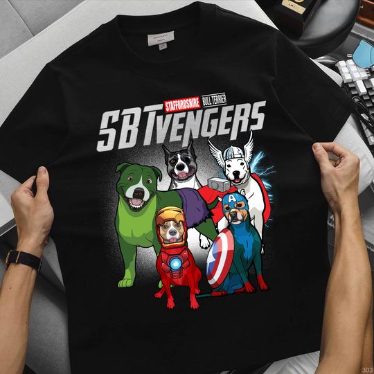 Discover Marvel Avengers Staffordshire Bull Terrier Shirt, Funny Superhero Dog Lover Tee, Marvel Dog Parody T-Shirt, Staffy Dad Mom, Pet Owner Shirt