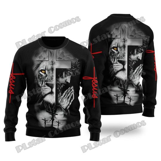 Discover Christian Jesus and Lion Tattoo 3D Printed Ugly Christmas Sweater For Men & Women Winter Casual Warm Knit Pullover Sweater MY17