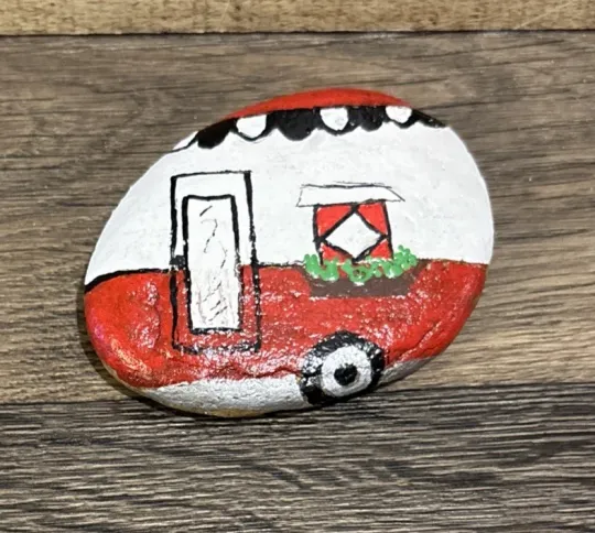 Discover Artisan Hand Painted Rock Camper Retro Red/White. 3 3/4” x 3 1/4”. Spray Sealed