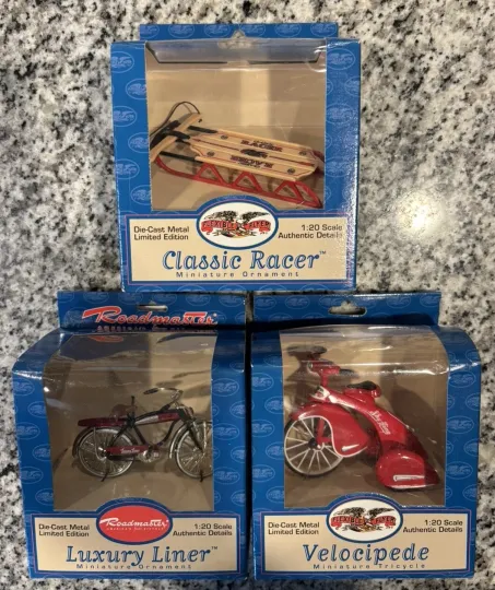 Discover VtgLOT 3 Diecast 1/20Classic Racer  Sled, Velocipede Tricycle, Luxury Liner Bike