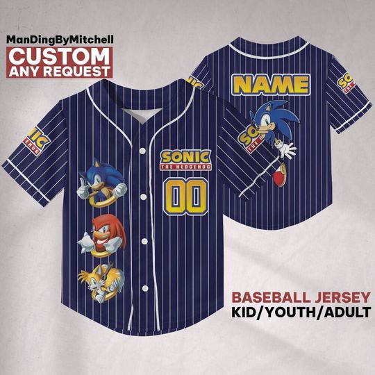 Discover Custom Sonic The Hedgehog Navy Stripped Baseball Jersey, Personalized Sonic Jersey, Sonic Party Jersey, Sonic the Hedgehog Birthday Gift