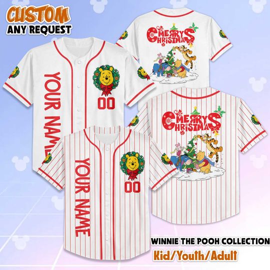 Discover Personalized Winnie the Pooh Christmas  Baseball Jersey, Disney Winnie the Pooh Jersey Shirt, Disney Baseball Jersey Sports Gifts For Fans