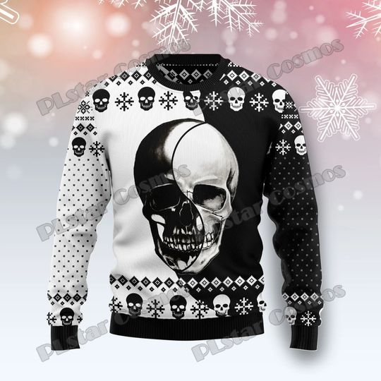 Discover Autumn Winter Unisex Casual Knit Pullover Sweater Skull Yinyang Christmas 3D Printed Men's Ugly Christmas Sweater KMY17