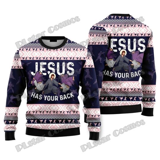 Discover Funny Jesus Has Your Back Jiu Jitsu 3D Printed Ugly Christmas Sweater For Men & Women Winter Casual Knit Pullover Sweater MY19