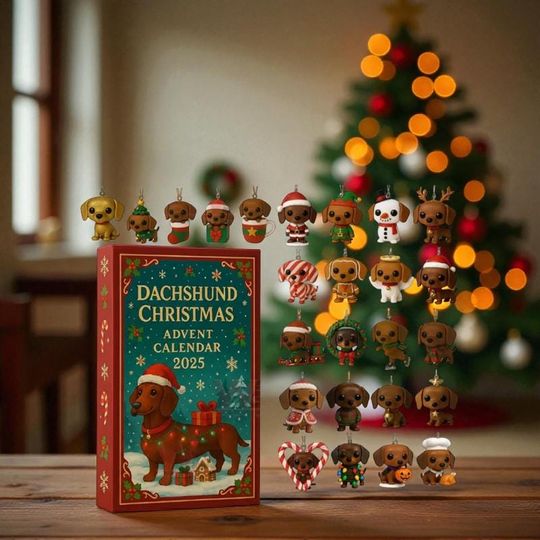 Discover Dachshund Christmas Advent Calendar 2025, 24-Day Acrylic Ornament Set, Holiday Countdown Gift, Christmas Decor Box