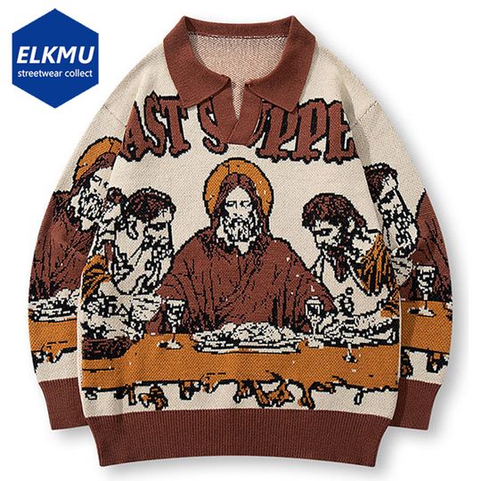 Discover Vintage Oversized Men Sweaters Streetwear Harajuku Hip Hop Sweaters knit Jumpers Casual Loose Retro Y2K Sweaters Knitwear