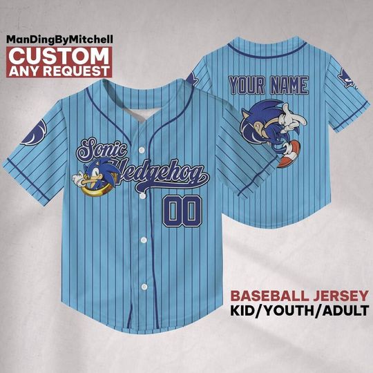Discover Custom Sonic The Hedgehog Blue Striped Baseball Jersey, Personalized Sonic Jersey, Sonic Party Jersey, Sonic the Hedgehog Birthday Gift